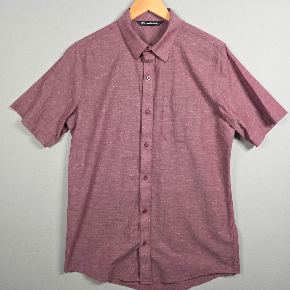 TravisMathew‎ Button Down Shirt Mens M Burgundy Geometric Short Sleeve - Picture 2 of 8